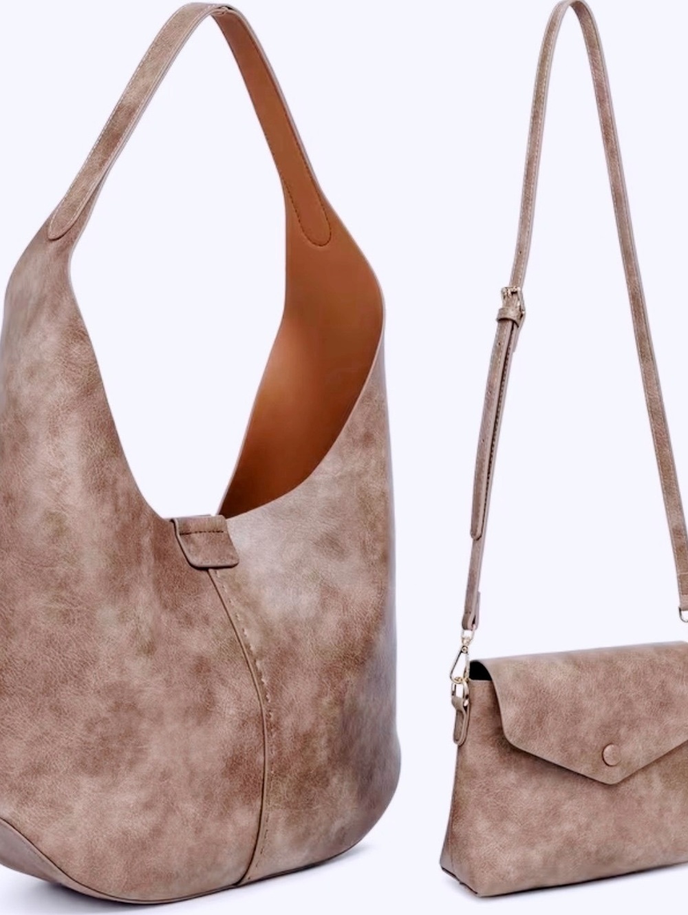 New -Chic -2Pcs Set -Taupe Vegan Leather Hobo Bag & Matching Crossbody